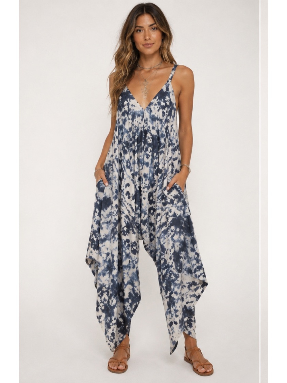 Japna Tie-Dye V-Neck Harem Boho Coastal Lagenlook Resort Festival Jumpsuit XS